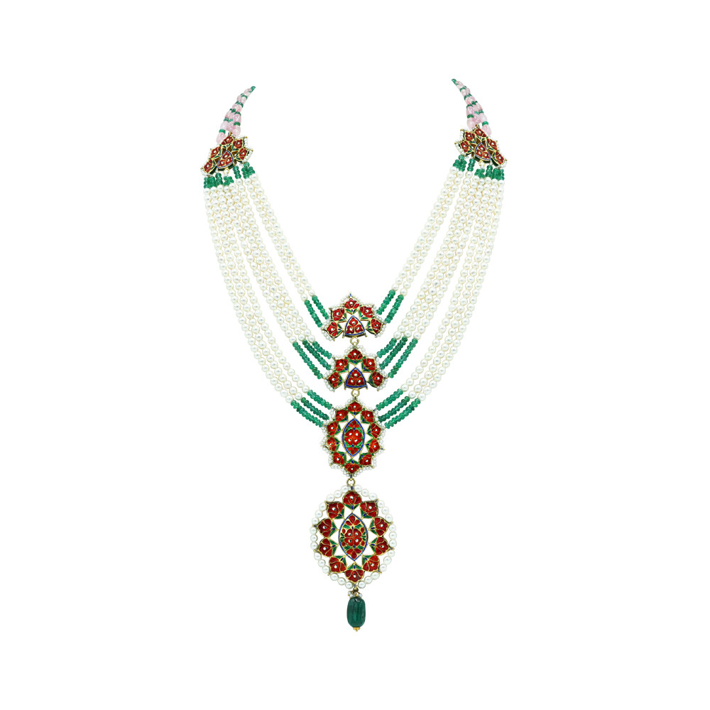 Pearl Necklace with Emerald, Tourmaline, and Polki Pendant